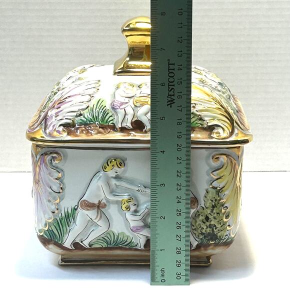 Vintage Handpainted Ceramic Alcobaca Portugal Lidded Dish Cherubs - Picture 13 of 15